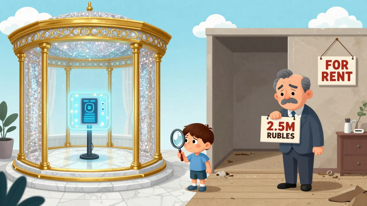 Роскошная пентхаус-квартира рядом с пустой, заброшенной — между ними ребенок с лупой, сомневаясь в завышенной цене.