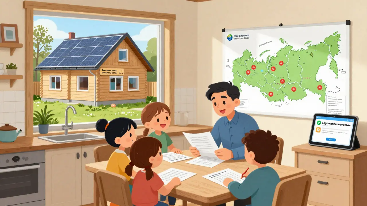 Семья и официант обсуждают документы за столом, за окном — новый дом с энергоэффективными окнами.