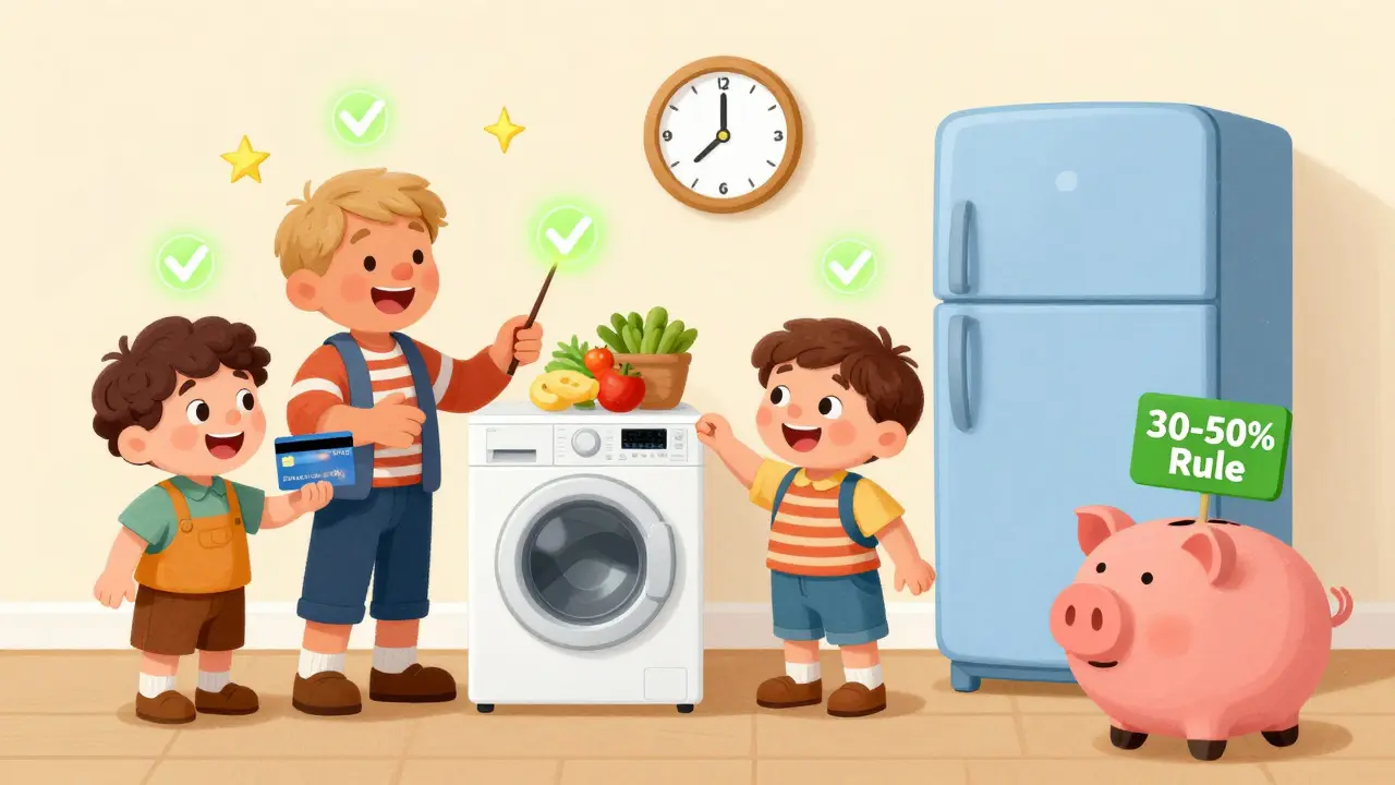 Семья использует кредитную карту, чтобы платить за бытовую технику, над покупками — зелёные галочки.