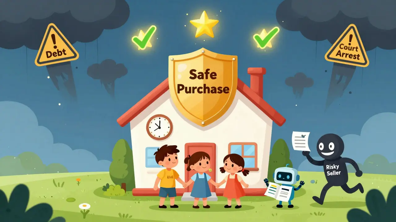 Семья стоит перед домом под сияющим щитом 'Безопасная покупка', тучи с долгами уходят вдаль.