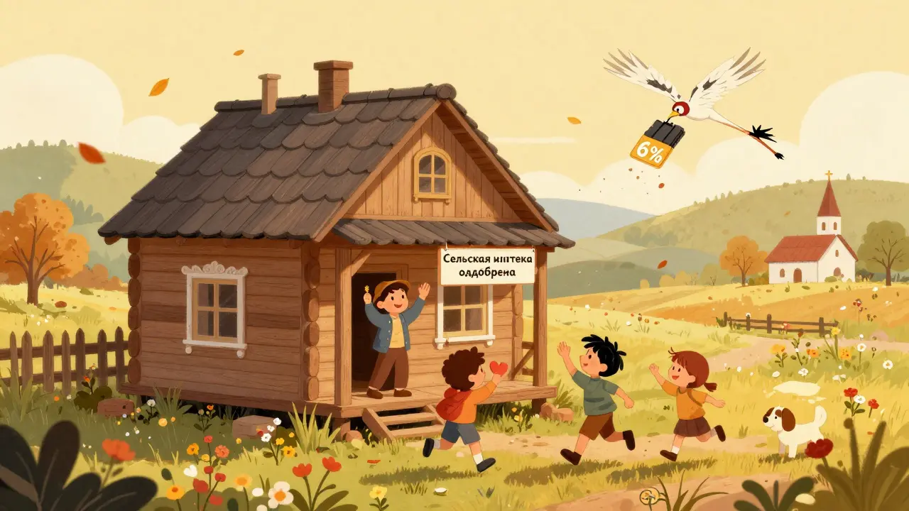 Семья въезжает в новый дом в деревне, дети играют во дворе, над домом опускается крыша с надписью '6%'.