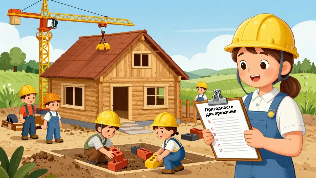 Строительство дома на участке, мать проверяет документы, дети кладут кирпичик на фундамент.