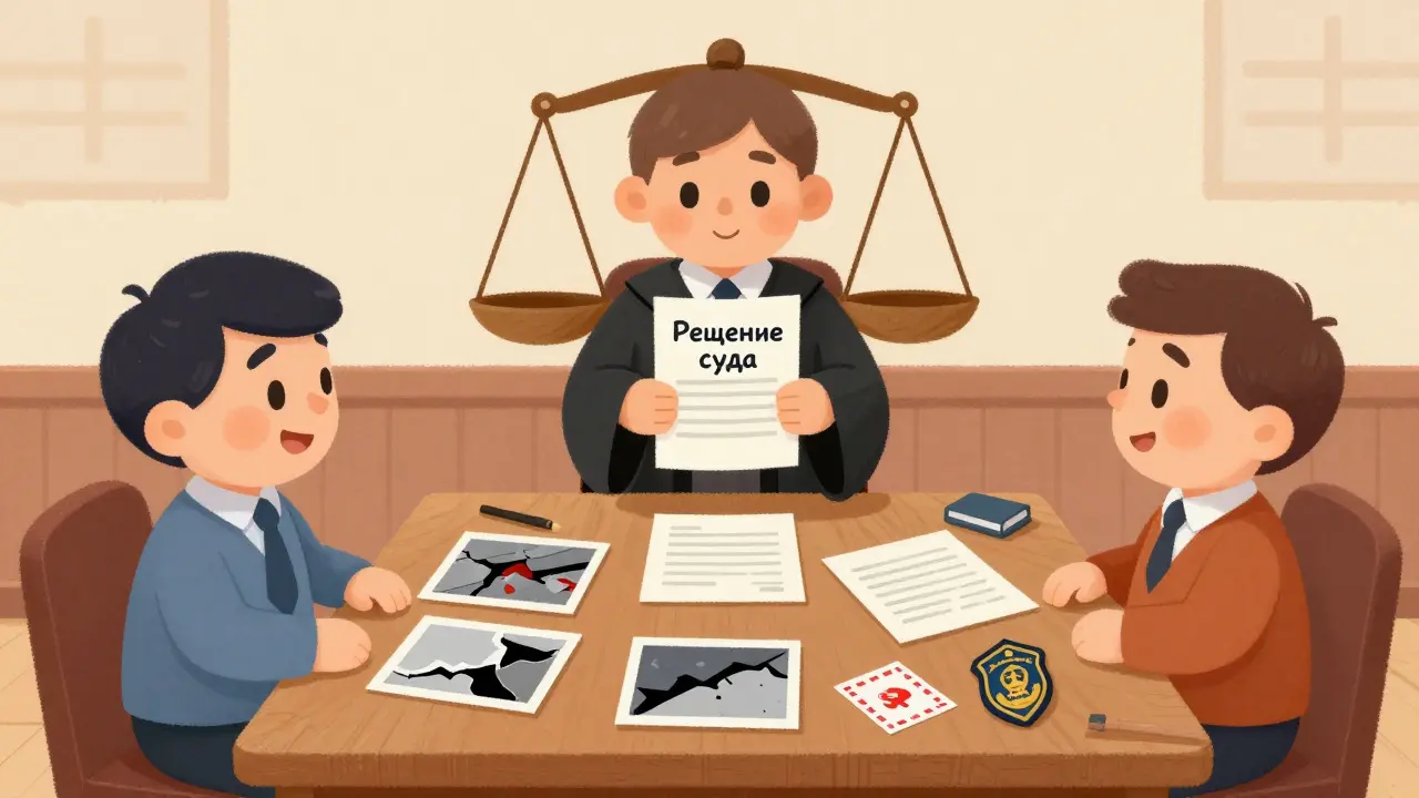 Судебное заседание: судья рассматривает доказательства — фото, квитанции и почтовое уведомление, стороны спокойны.
