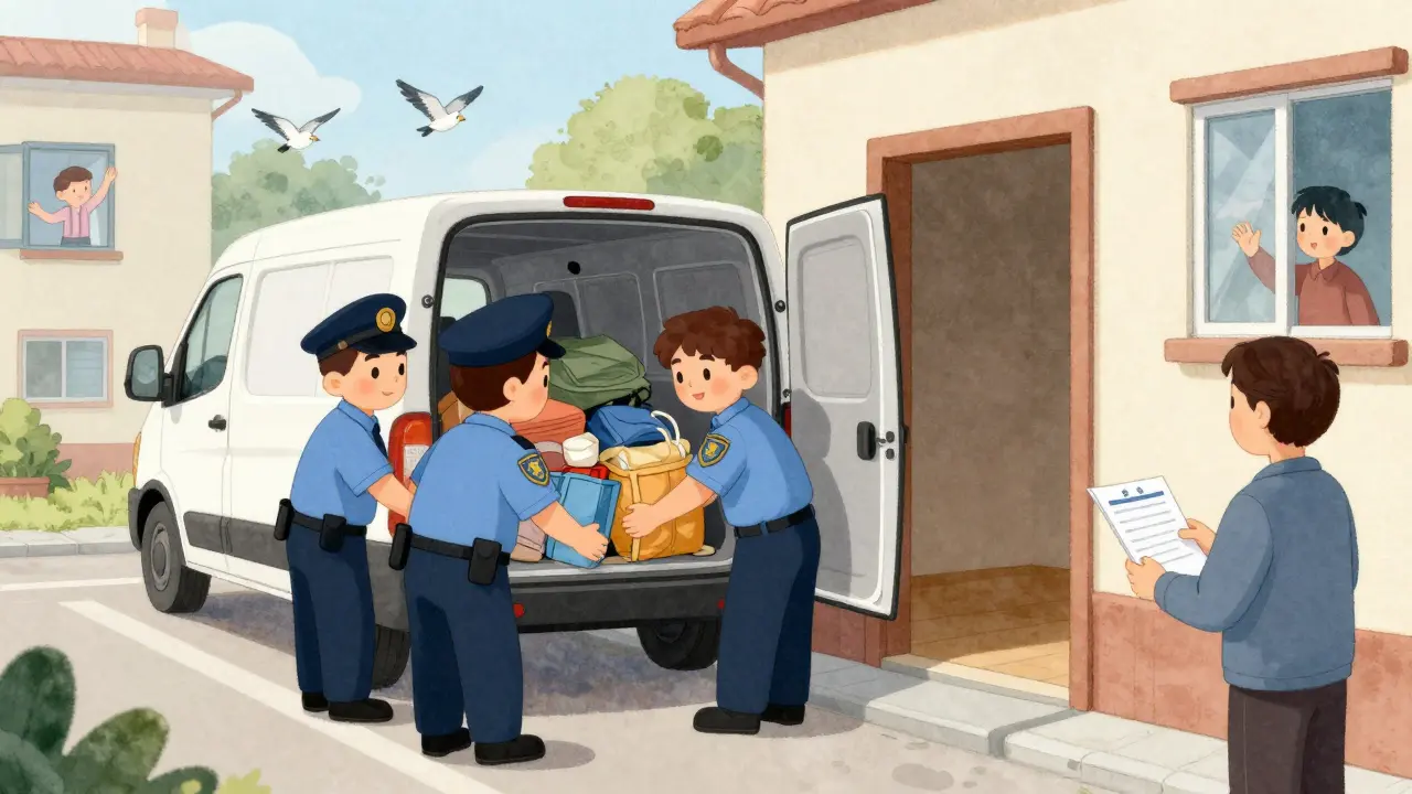 Судебные приставы аккуратно вывозят вещи арендатора, собственник наблюдает с checklist, всё спокойно и организованно.