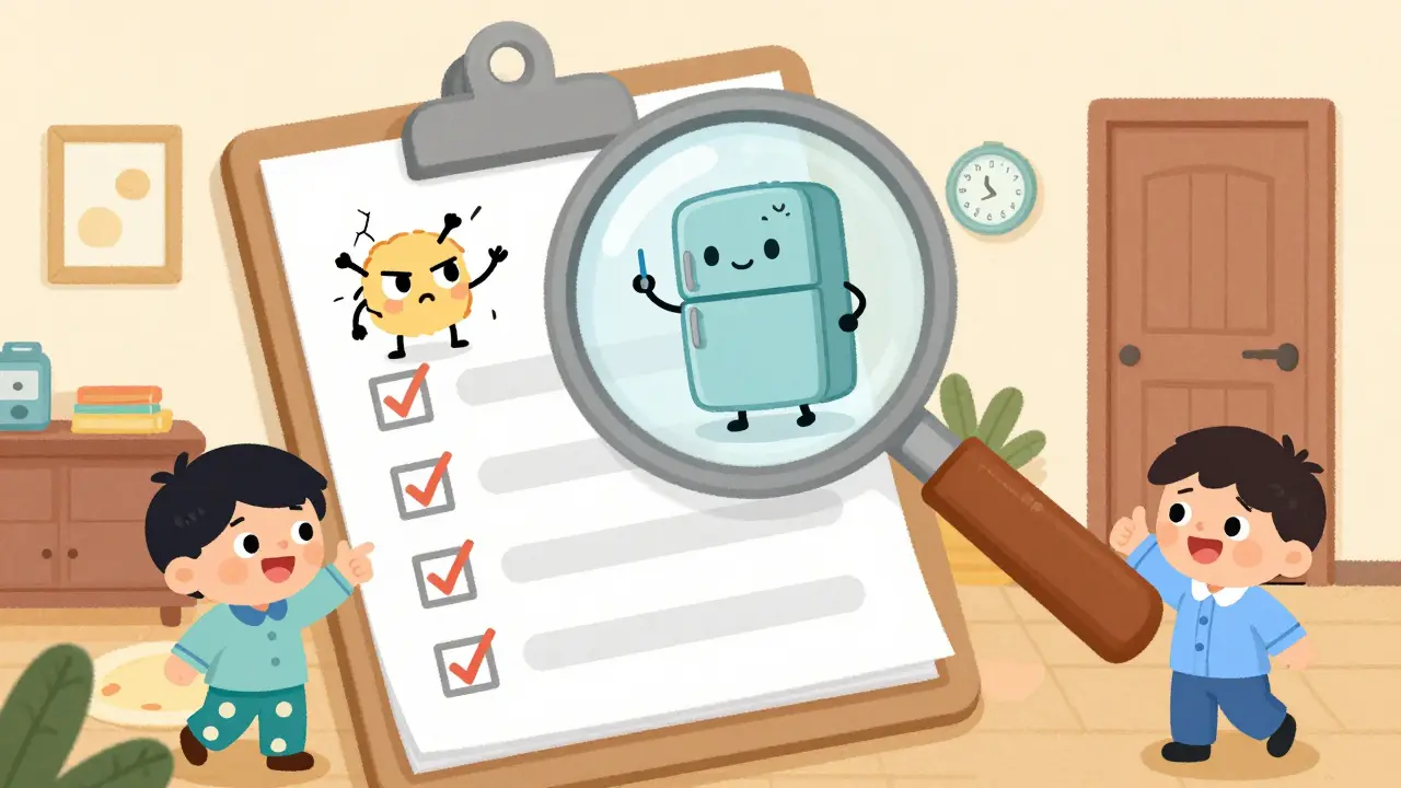 Увеличительное стекло рассматривает забавные персонажи-дефекты в квартире: трещины, счётчики, технику.