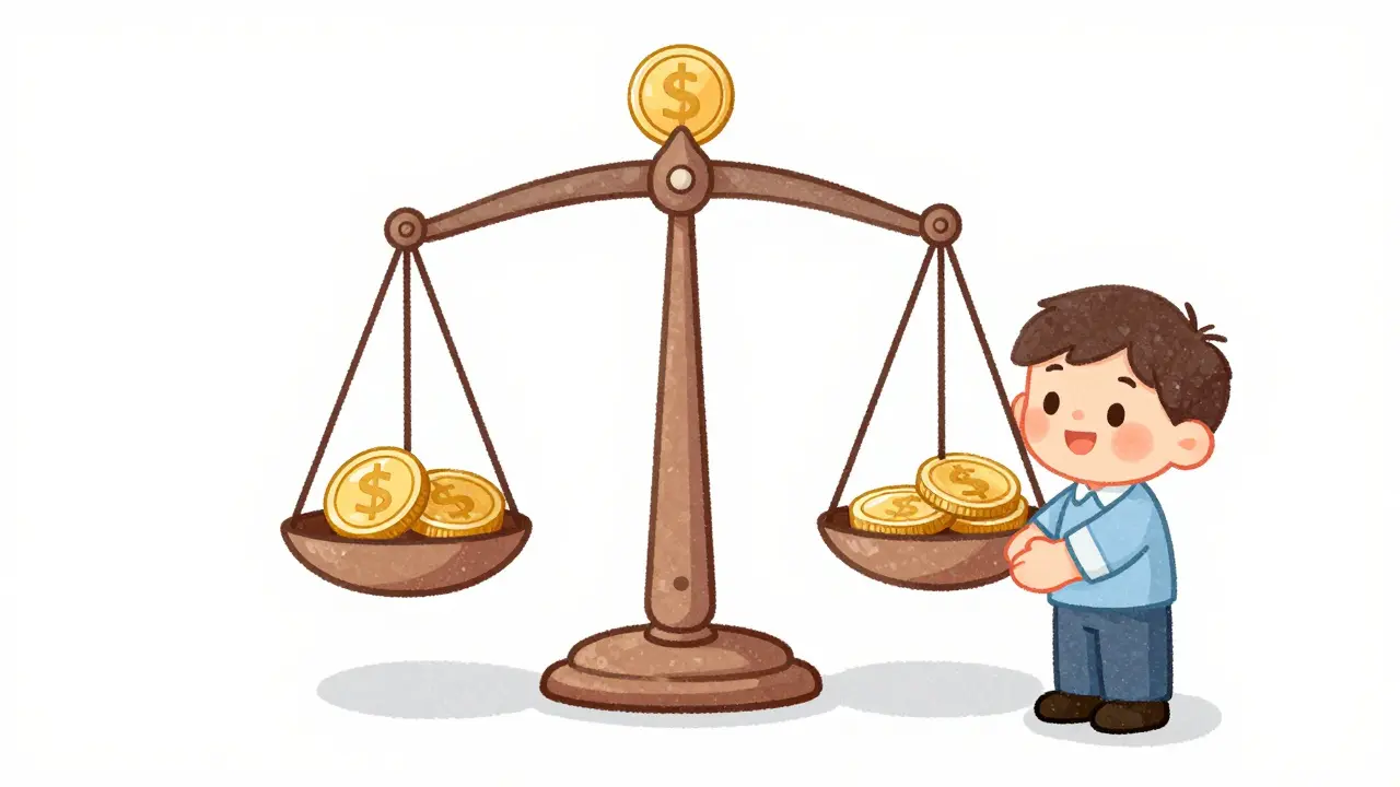 Весы с монетами, покупатель и продавец жмут руки