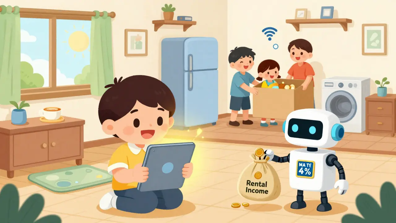 Человек платит налог 4% через приложение, рядом — работающая техника и семья, въезжающая в квартиру.