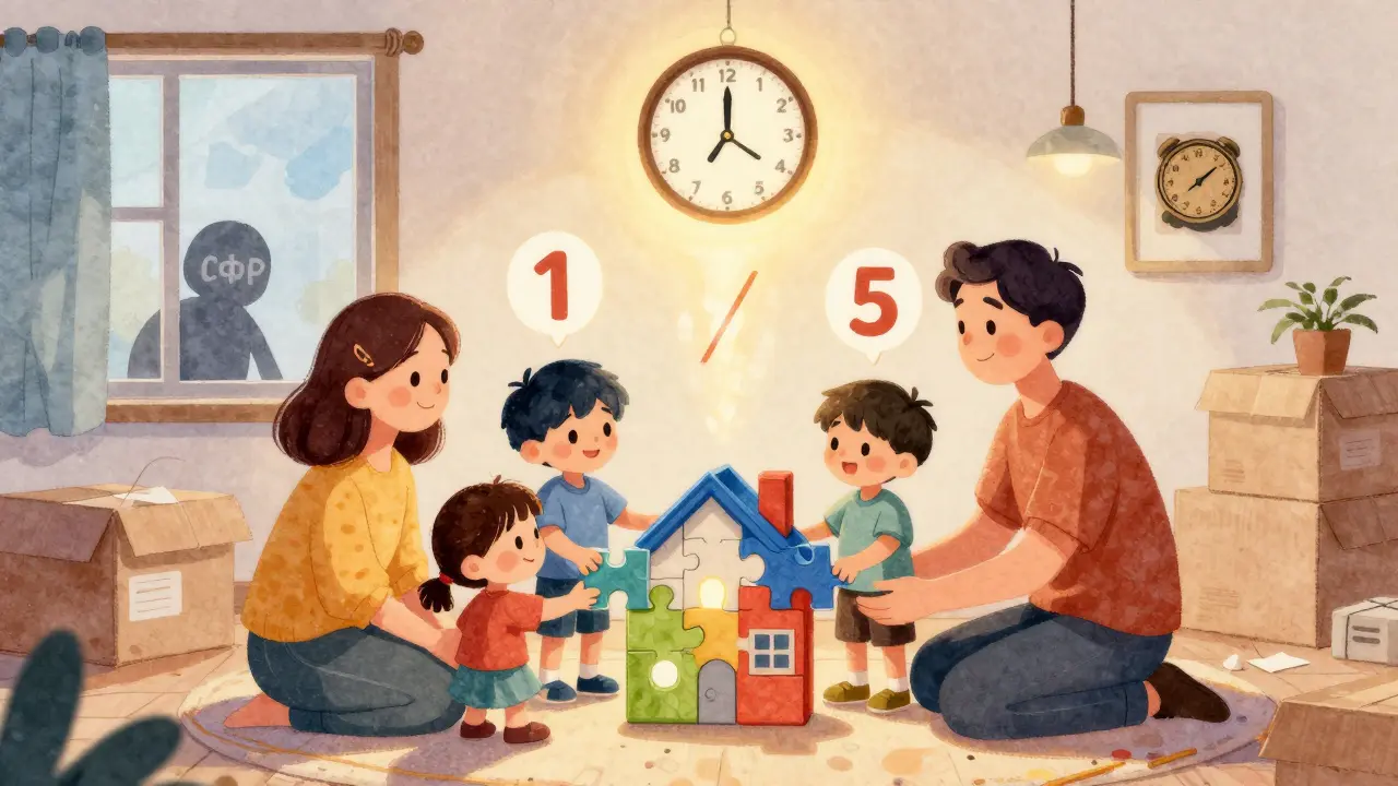 Члены семьи держат части пазла, образующего дом, с равными долями и отметкой о шести месяцах.