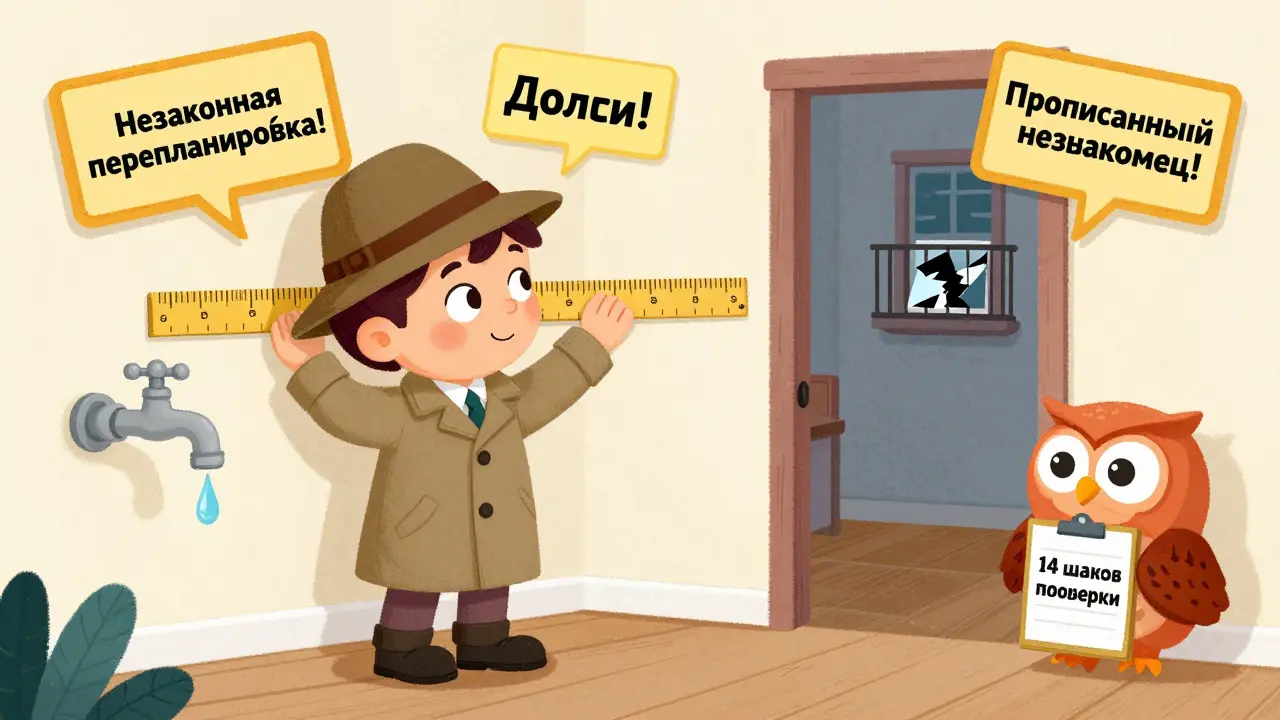 Детектив-ребёнок проверяет квартиру: измеряет стены, смотрит на капающий кран и разбитый балкон, вокруг — предупреждения.