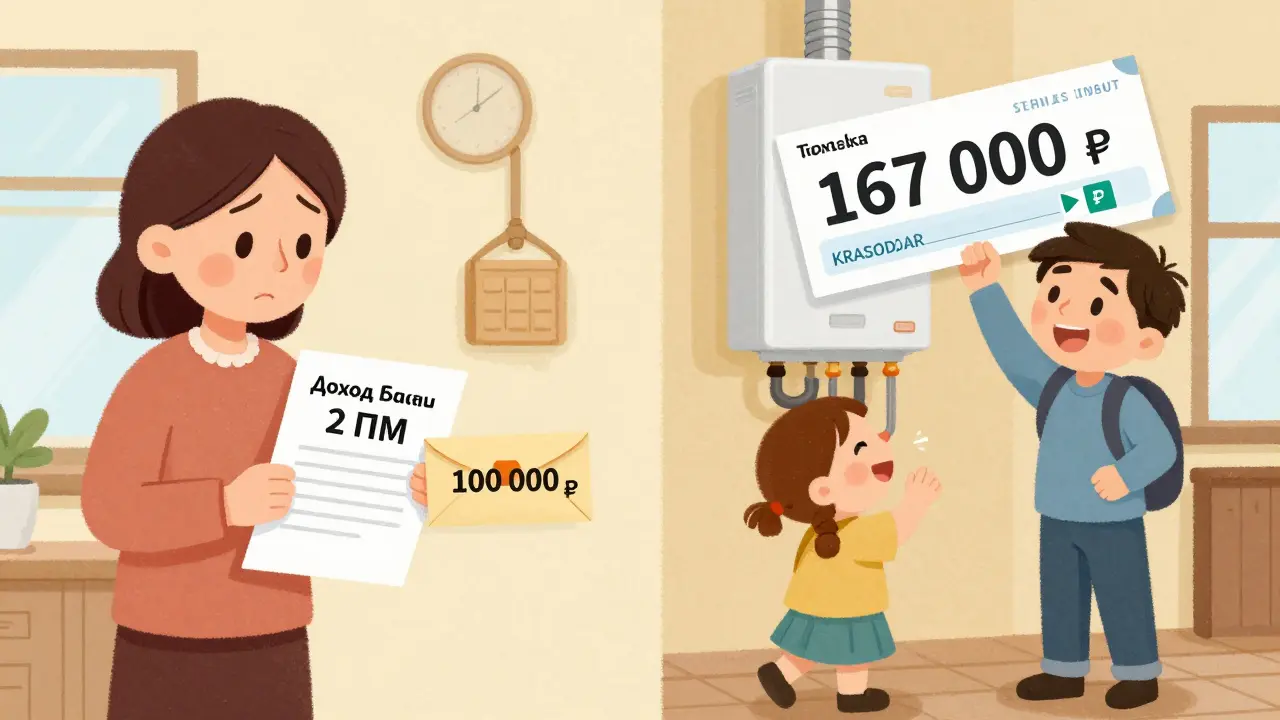 Две семьи в разных регионах России получают разные суммы маткапитала: одна — за газ, другая — за бытовую технику.