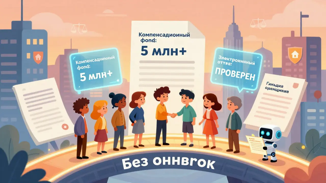 Город будущего с голограммами проверок, люди рукопожимают на мосту, робот проверяет сертификат, надпись 'Гильдия оценщиков — надежно'.