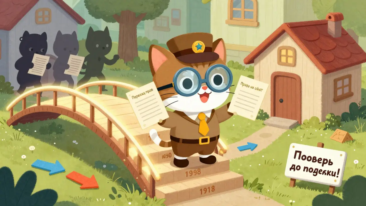 Кот-детектив с лупой стоит на лестнице лет, проверяя документы, чтобы защитить дом от мошенников.