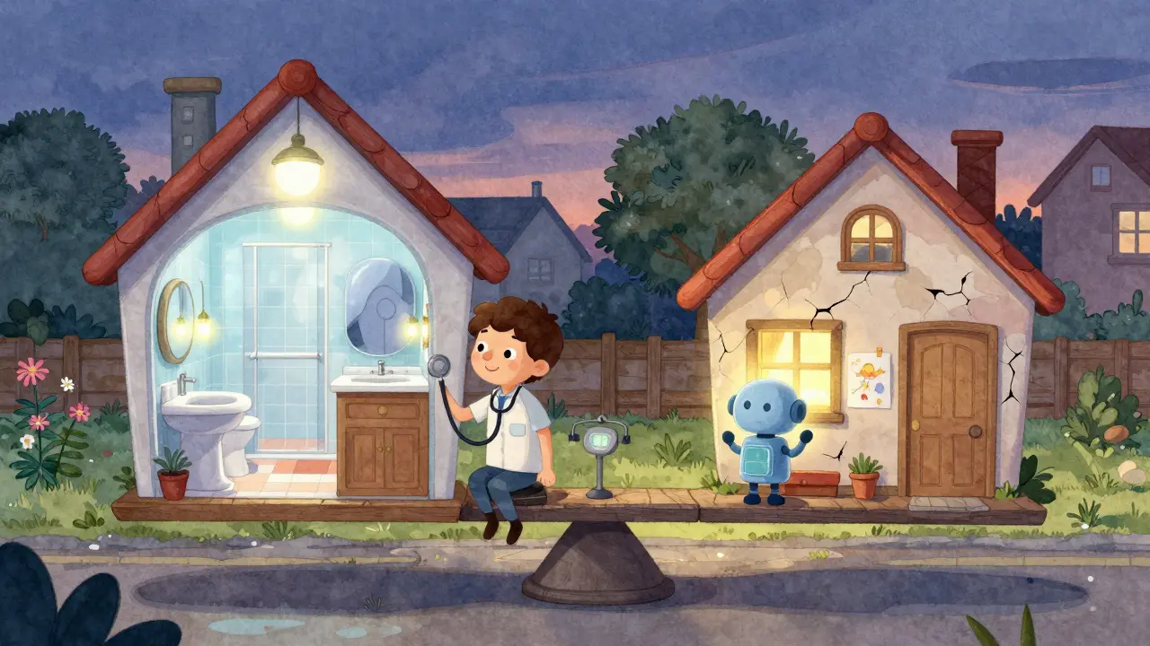 Магическая весы сравнивают две квартиры: одна с уютом и ремонтом, другая с дефектами — эксперт слушает дом, а робот не может уловить тишину.