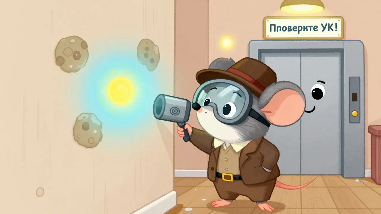 Мышь-детектив исследует стену тепловизором, показывая скрытые проблемы в доме.