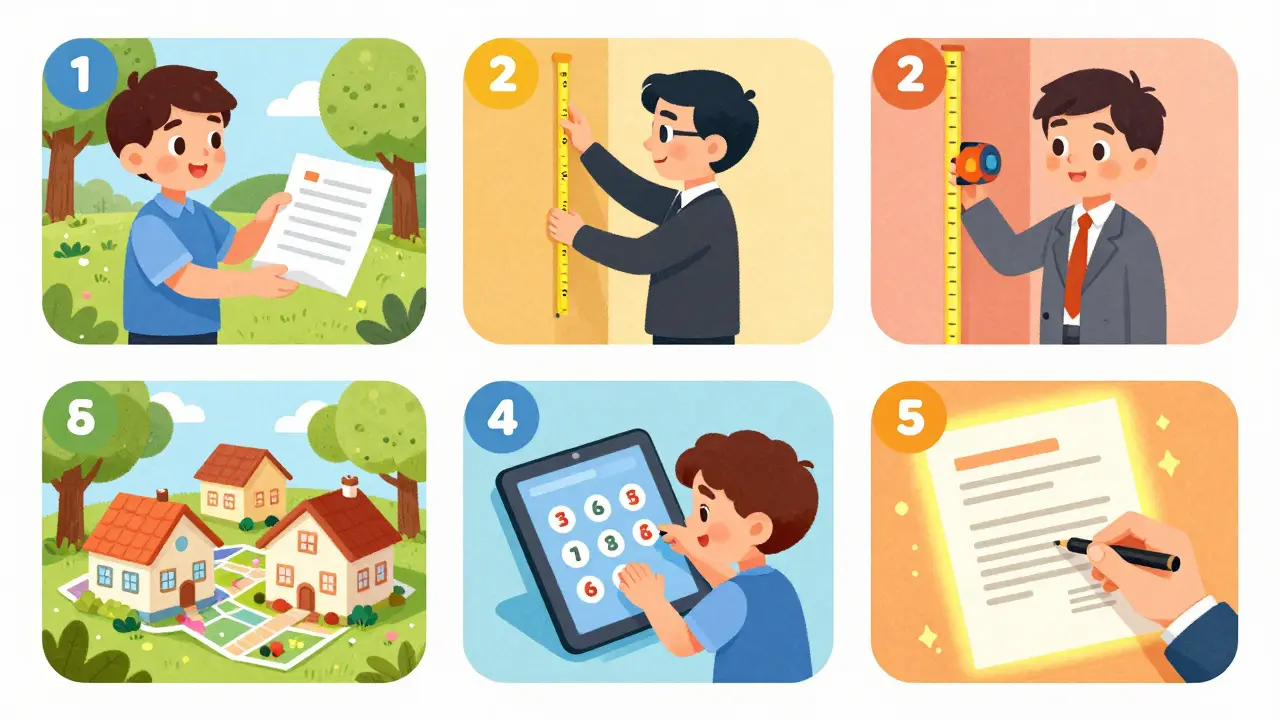 Пять ярких иллюстраций шагов оценки недвижимости: от передачи документов до печати официального отчета.