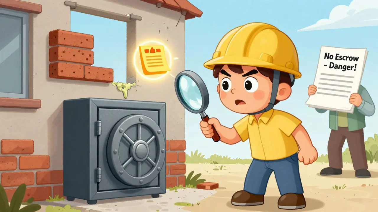 Покупатель осматривает стройку с лупой, видя качественные материалы и безопасный счёт эскроу.