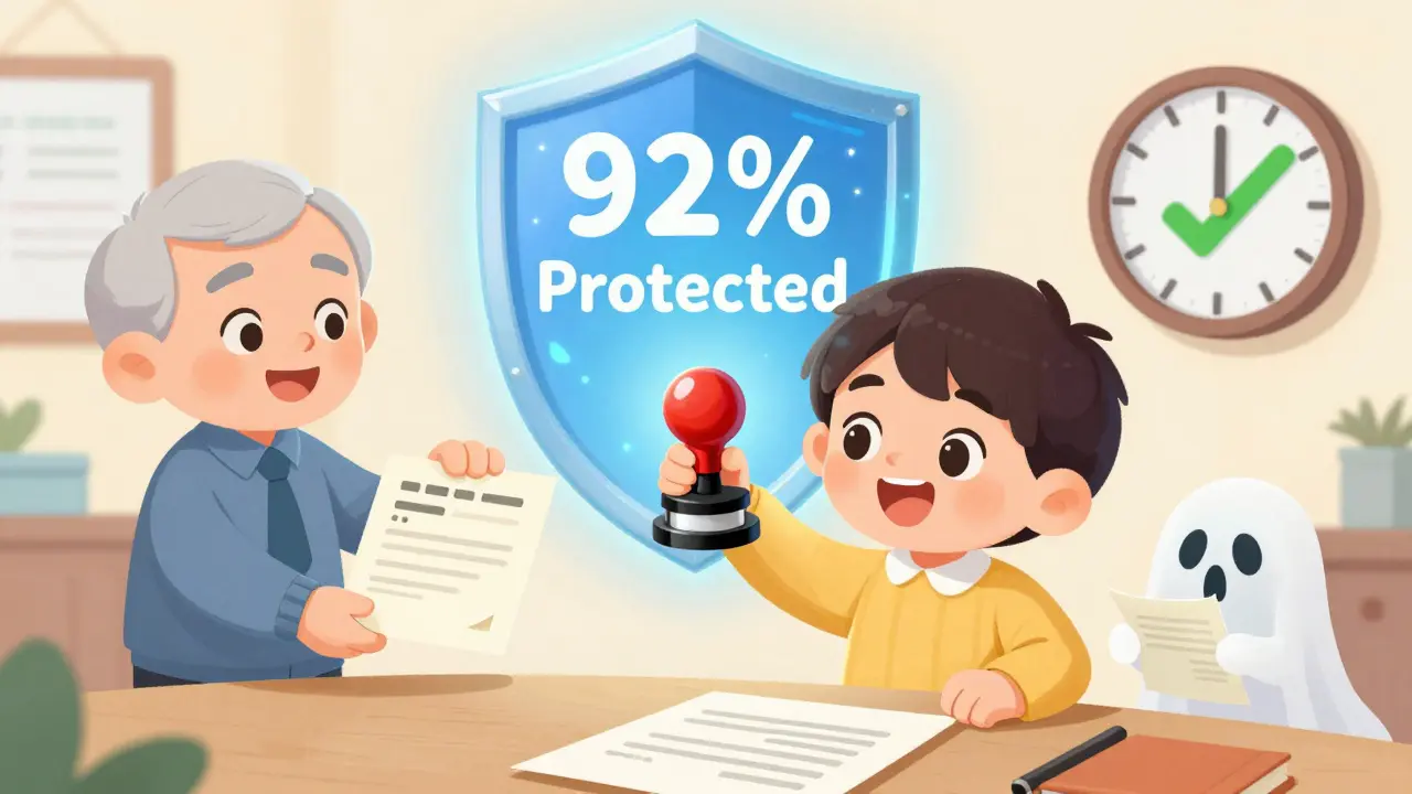 Покупатель защищён щитом безопасности, рядом — документы и прошедший срок наследования.