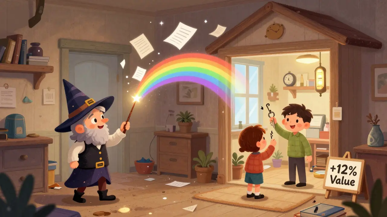 Превращение грязной квартиры в идеальную: документы, счетчики и окна создают радугу, ведущую к покупателю с ключом.