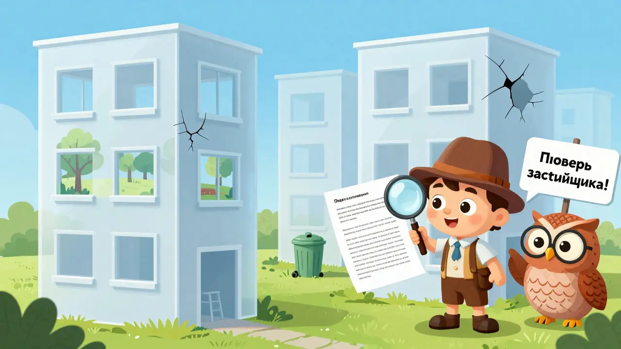 Прозрачный дом с разными вариантами квартир — один с видом на парк, другой — на мусорку, ребенок проверяет договор.
