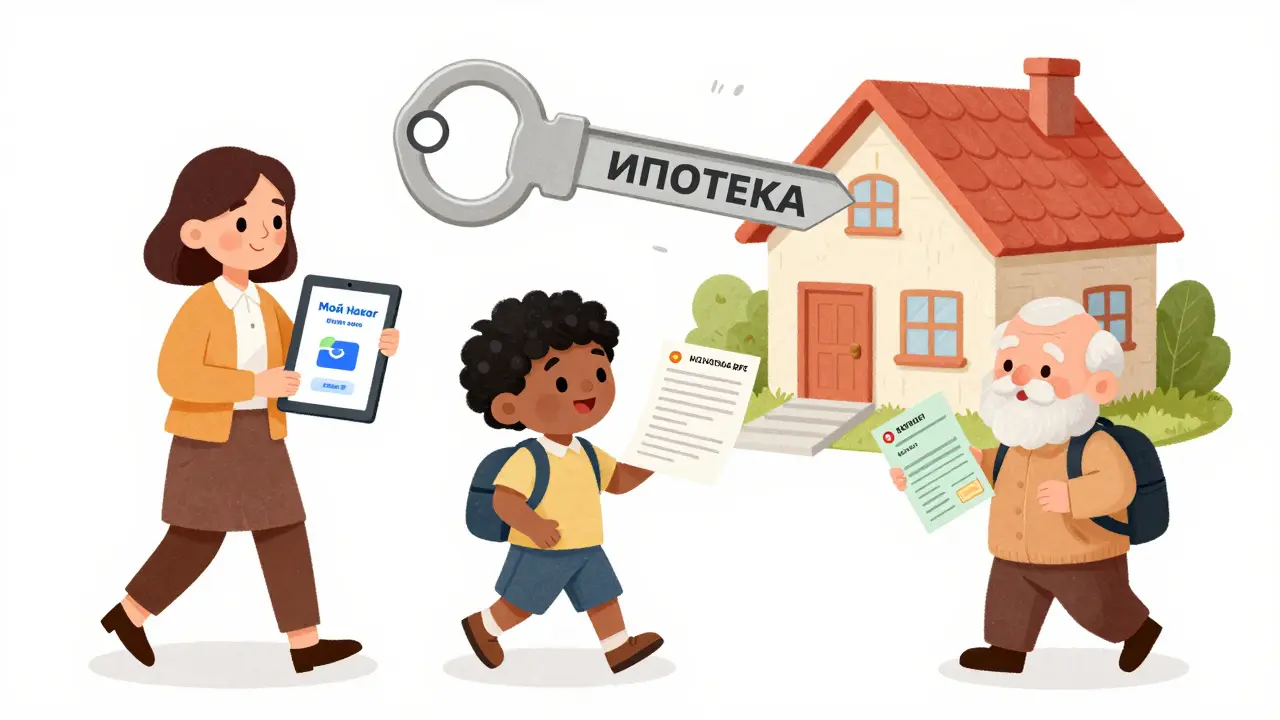 Разные люди с разными источниками дохода идут к дому, который открывается ключом ипотеки.