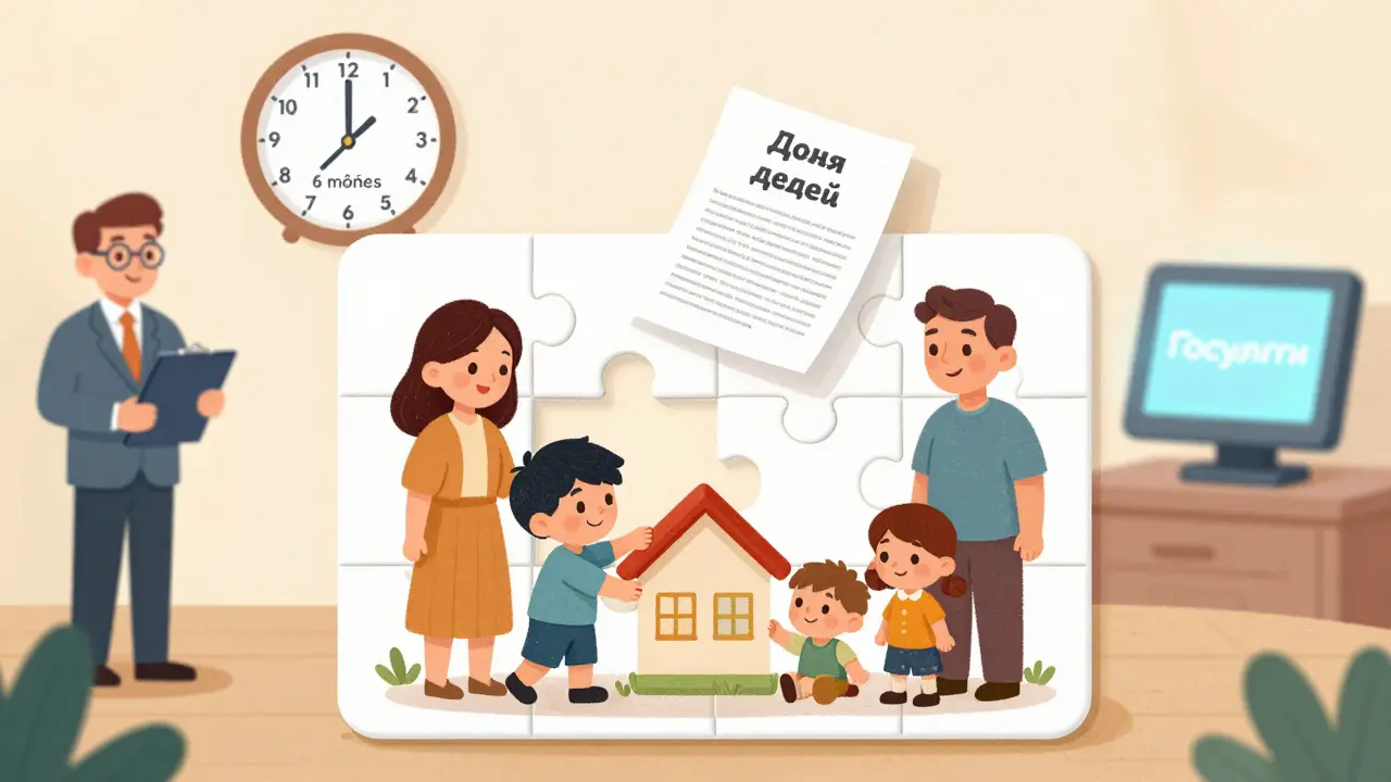 Ребёнок и семья собирают пазл, символизирующий выделение долей детям в жилье.