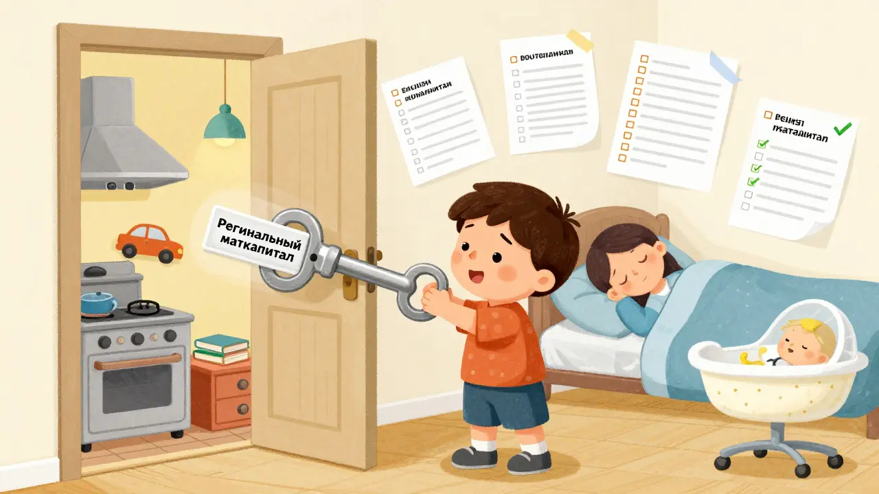 Ребёнок открывает дверь с ключом маткапитала, за которой — предметы, которые можно купить на помощь семье.