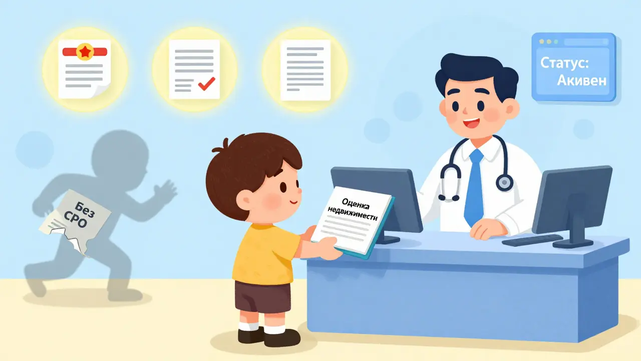 Ребёнок перед банком передаёт папку с оценкой, рядом — светящиеся документы, а в тени — скрывающийся мошенник.