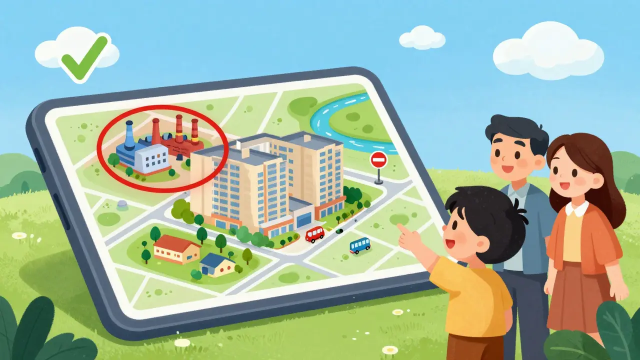 Ребёнок показывает на карту, где рядом с домом есть школа, парк и остановка транспорта.