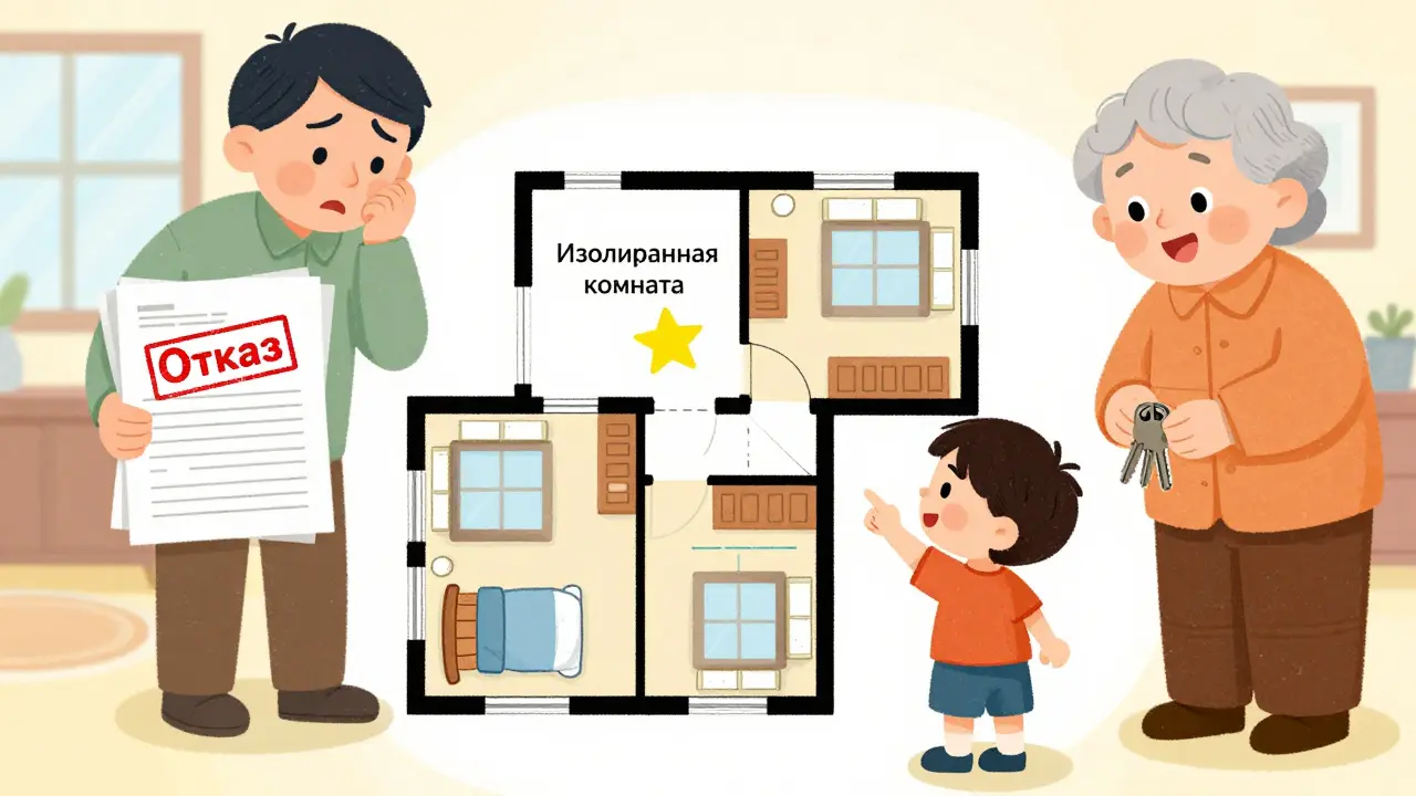 Ребёнок показывает на план квартиры, где одна комната выделена как изолированное жилое помещение, родители держат отказы ПФР.