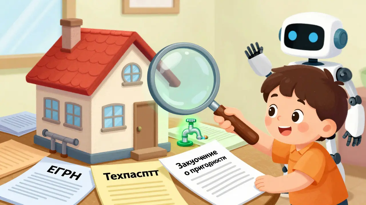 Ребёнок помогает родителю с документами для дома, который светится как подходящий для маткапитала.