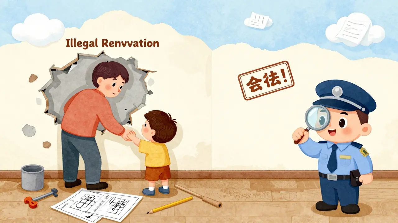 Ребёнок помогает восстановить стену, превращая незаконную перепланировку в законную.