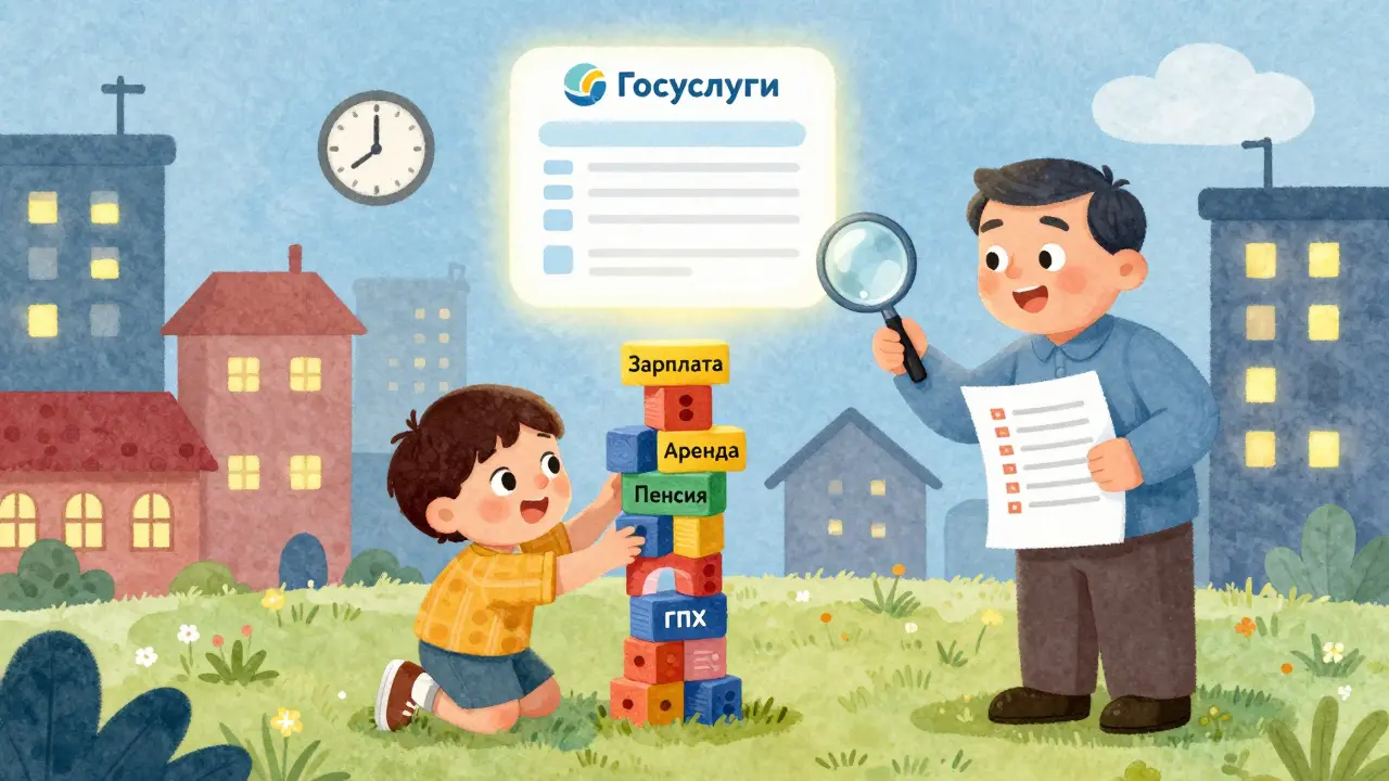 Ребёнок строит башню из документов, а взрослый проверяет их через цифровой портал.