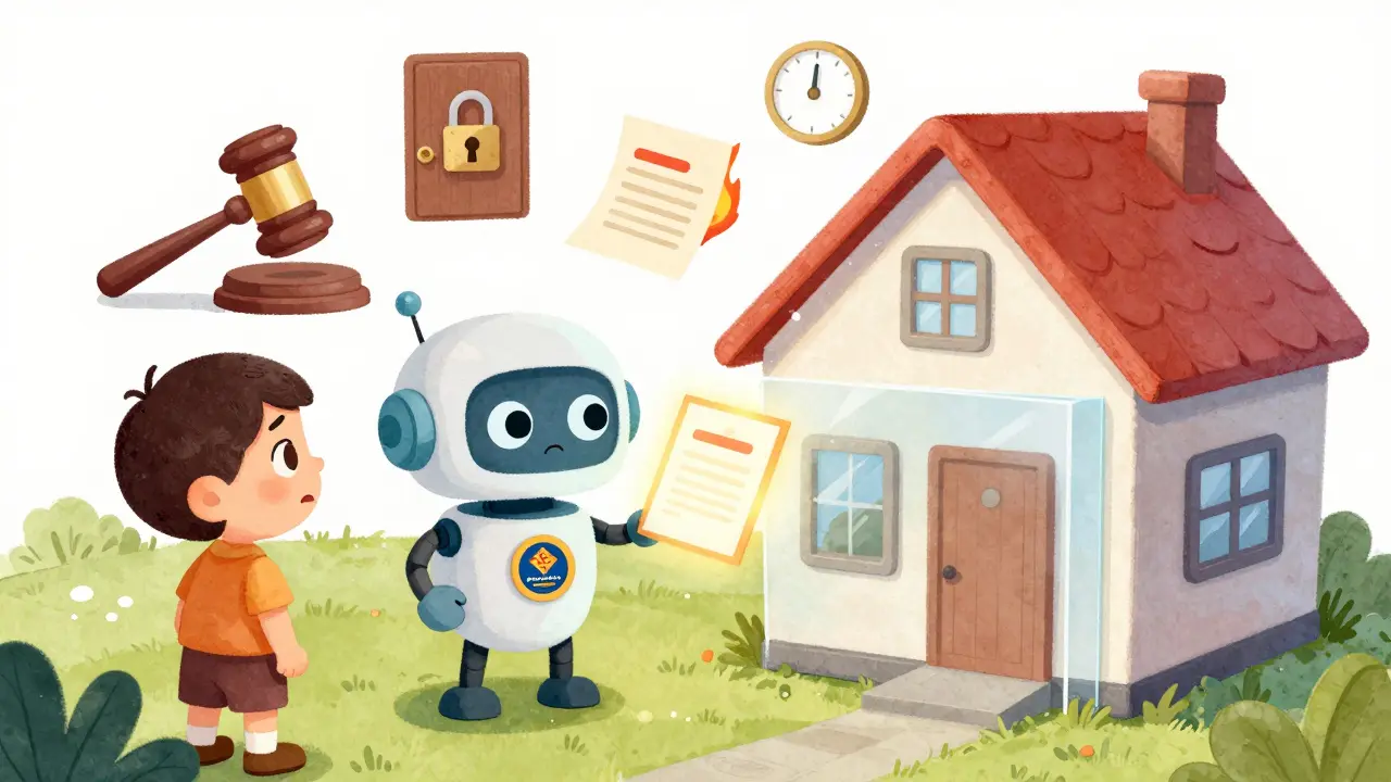 Робот Росреестра даёт покупателю документ, а вокруг него всплывают символы рисков и защиты.