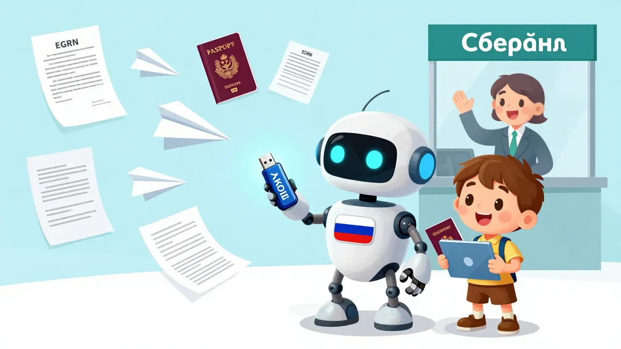 Робот с российским флагом держит цифровую подпись, ребёнок — паспорт, документы летают как бумажные самолётики.