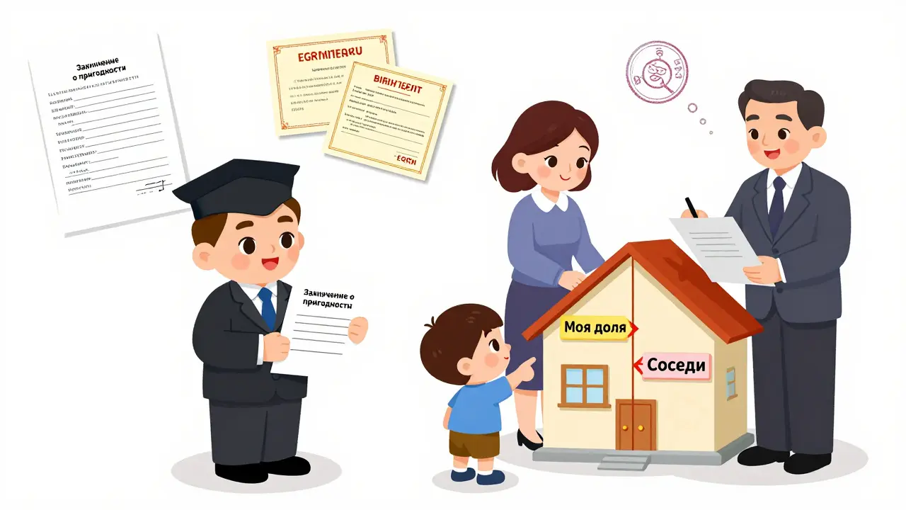 Родители подписывают договор с официантом, рядом лежат документы и заключение о пригодности дома.