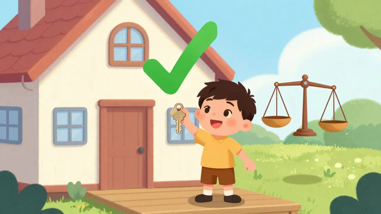 Счастливый человек с ключом от дома и знаком галочки