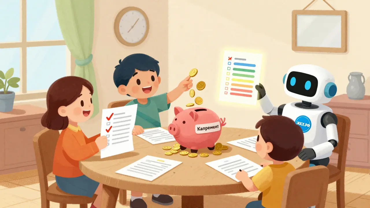 Семья квартир проверяет отчёт управляющей компании с помощью светящегося чек-листа.