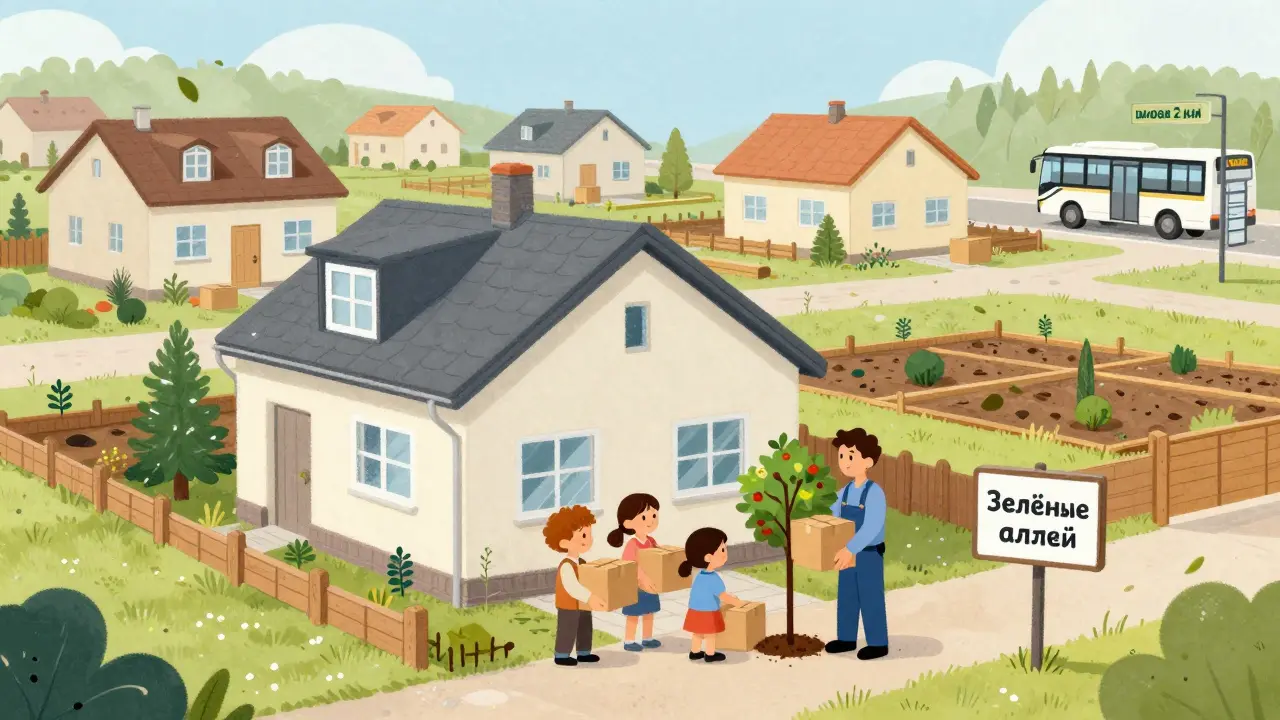Семья переехала в новый дом, застройщик сажает яблоню во дворе, на заднем плане — жилой комплекс с мансардами и садами.