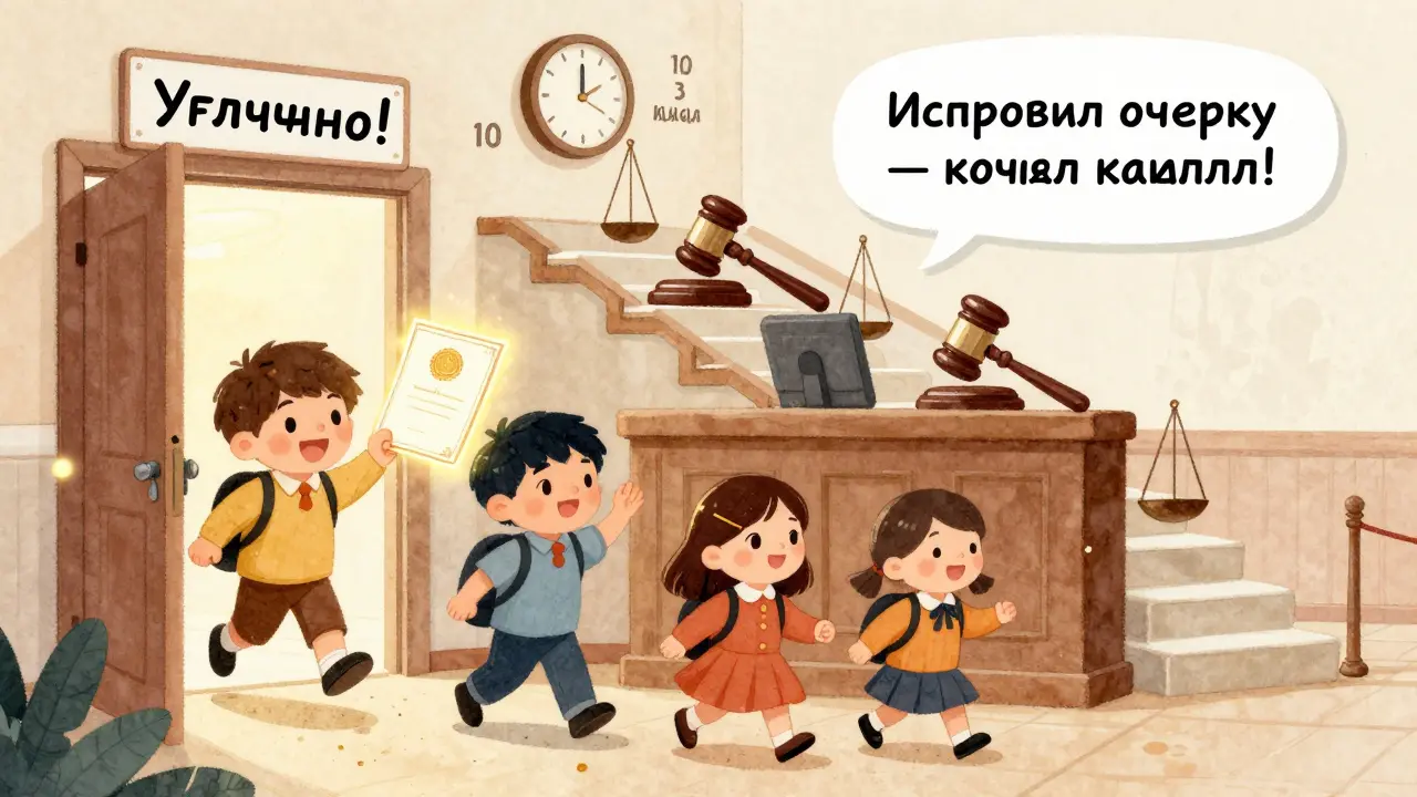 Семья получает сертификат, а путь от отказа к успеху показан как лестница с подсказками по срокам.