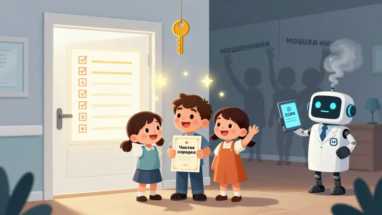 Семья стоит у двери чистой квартиры, за ними светящийся список из 14 шагов, мошенники исчезают в дыму.