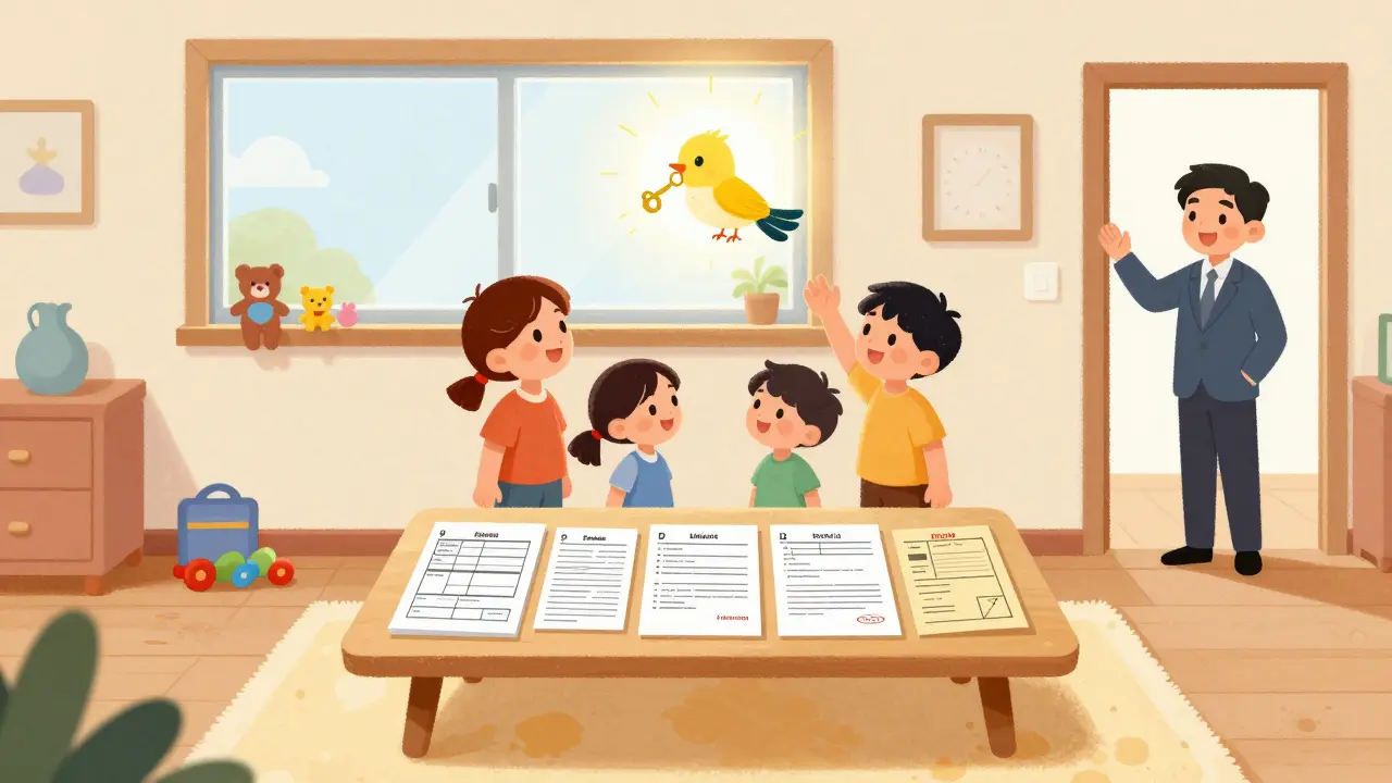 Семья стоит в чистой квартире, документы парят в воздухе, а золотой ключ прилетает в окно.