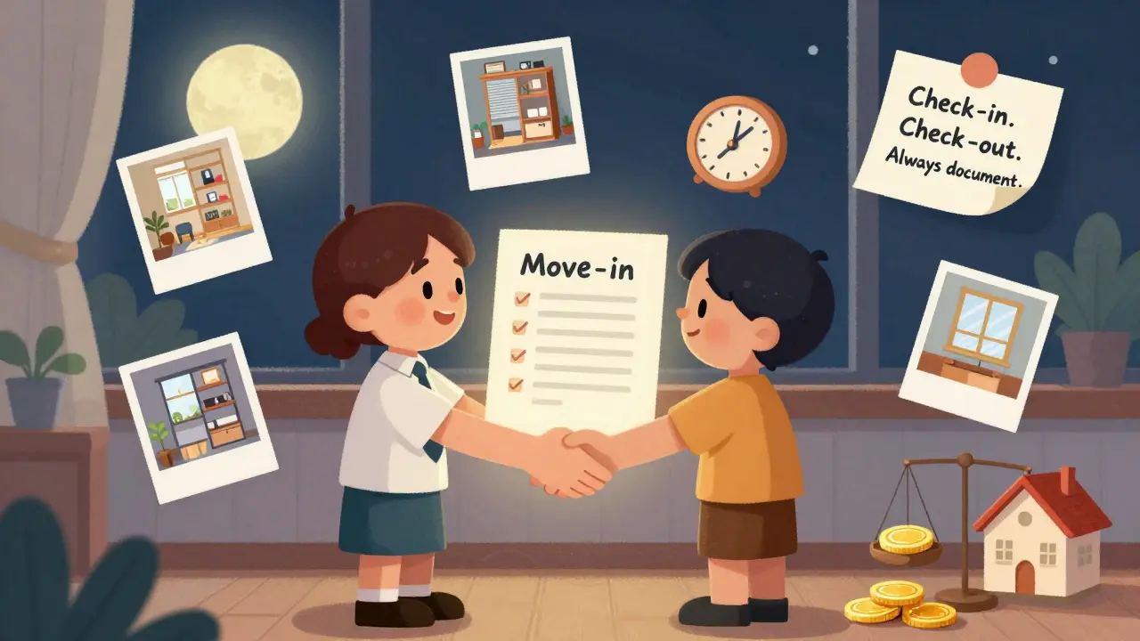 Собственник и арендатор подписывают договор, вокруг — фото квартиры, часы и монеты, символизирующие аренду.