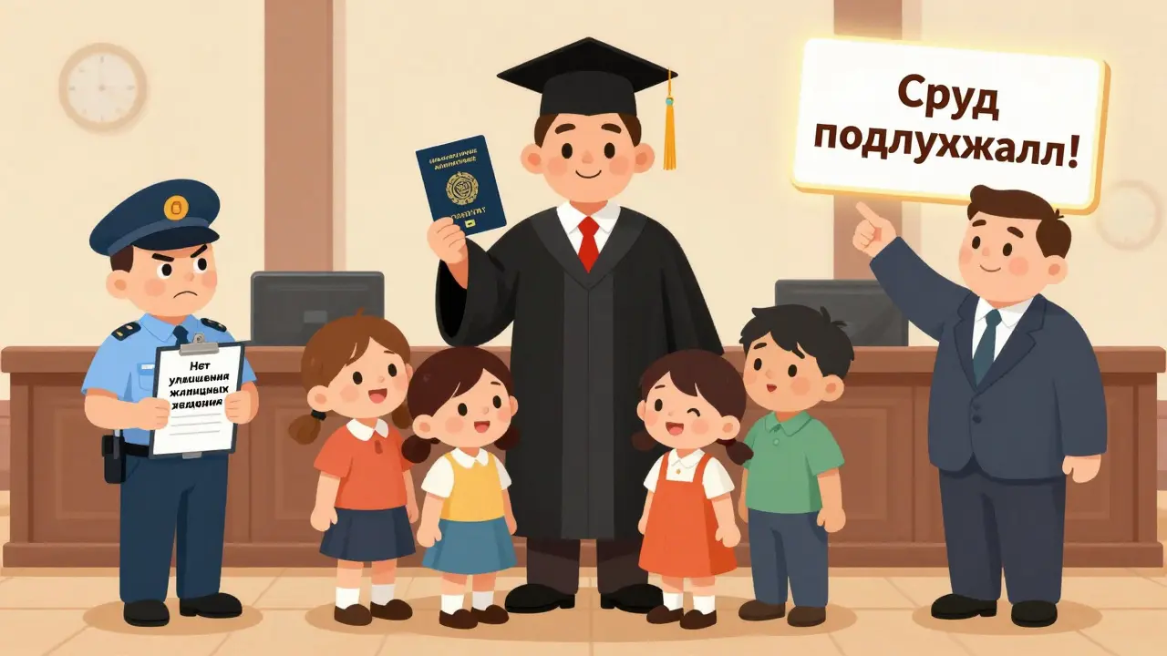 Судья держит техпаспорт БТИ с пометкой 'изолированное жилое помещение', семья радуется, а чиновник ПФР смотрит с недоверием.