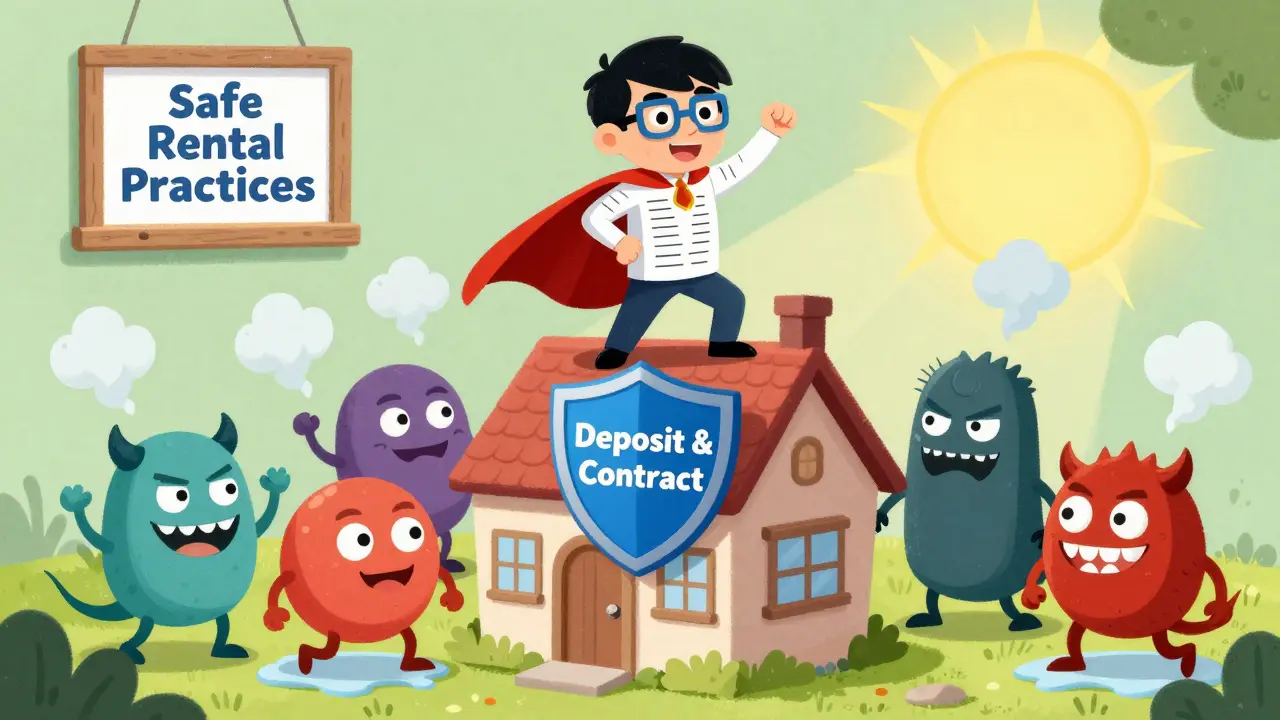 Супергерой-собственник побеждает пять жутких монстров, олицетворяющих риски аренды, стоя на своём доме с щитом 'Депозит и Договор'.
