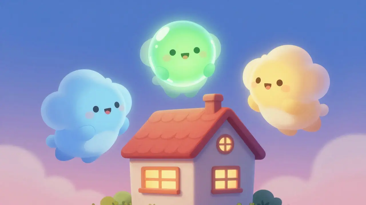 Три облачных персонажа анализируют дом с цветными сферами