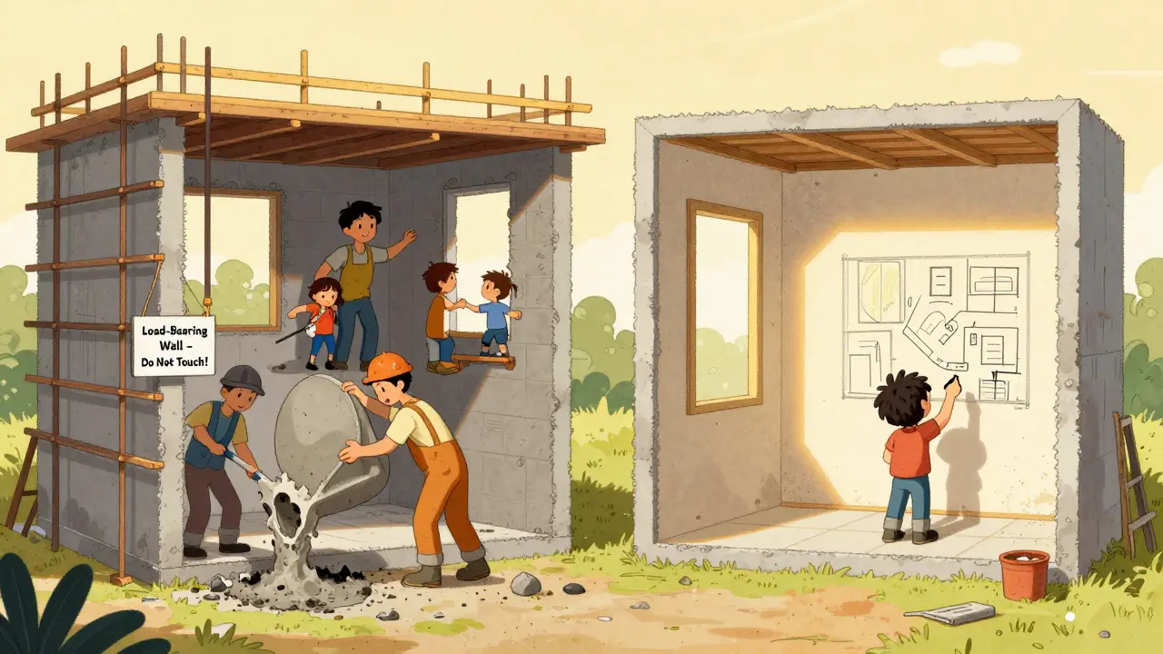 В монолитном доме ребенок рисует новую планировку на стене, а в панельном — семья видит запрещающую табличку на несущей стене.