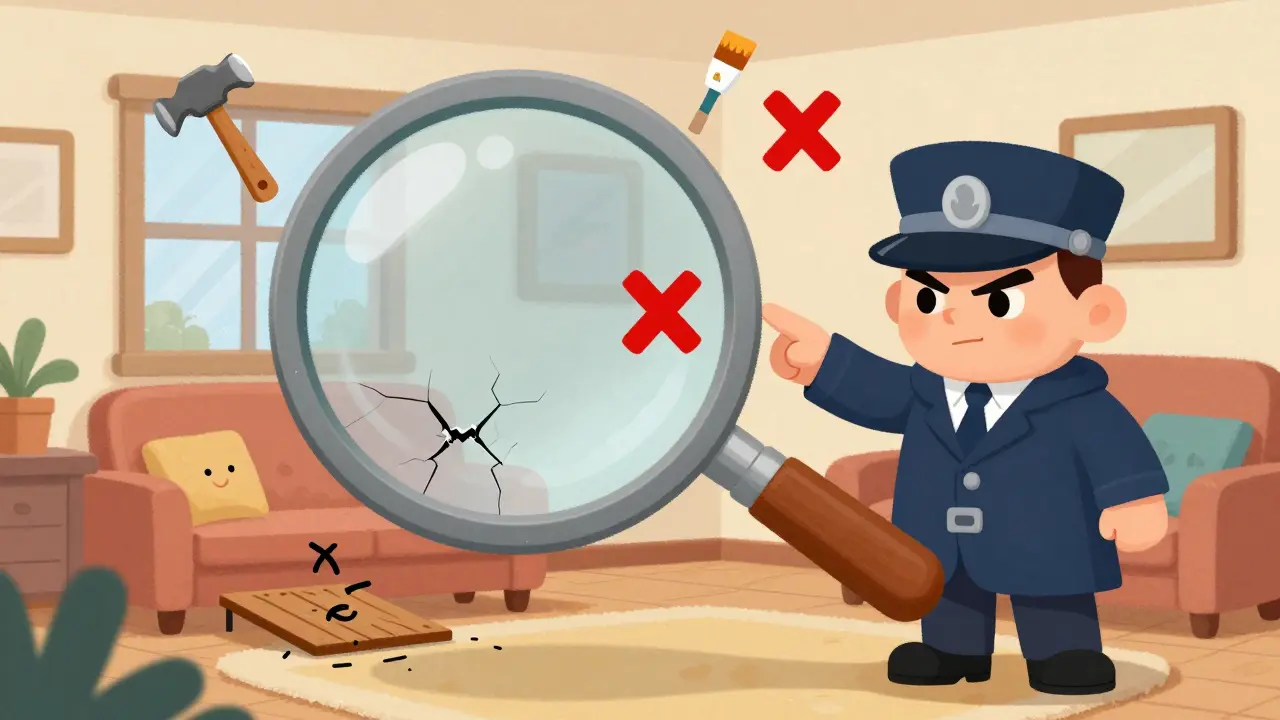 Великая лупа показывает скрытые дефекты в квартире: скрипучий пол, трещины и запотевшие окна.