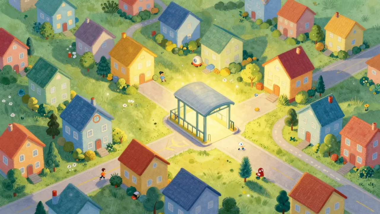 Вид на район с метро и домами, близкие светлее, детский стиль