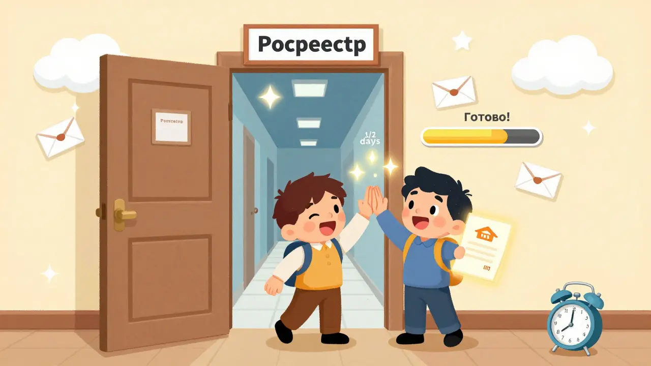 Волшебная дверь Росреестра открывается, показывая путь к завершённой сделке, покупатель и продавец радостно обнимаются.