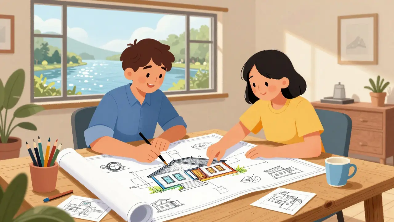 Архитектор и заказчик обсуждают проект дома с панорамным окном у реки